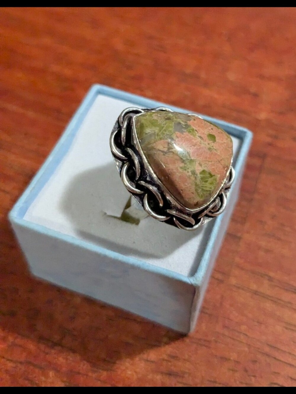 Handcrafted Unakite Fat Teardrop Ring (7.25)